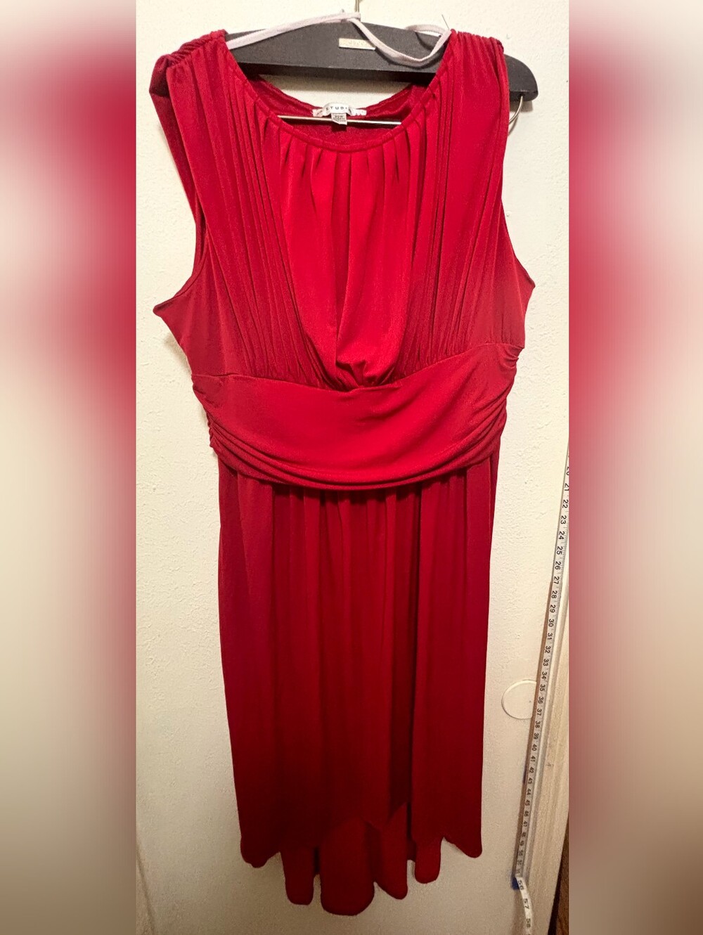 Studio AA Women's 20W Sleeveless Red Draped Waist Maxi Dress With High-Low Hem